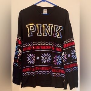 VS PINK Bling Iridescent Christmas Long Sleeve Shirt